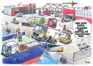 karikatūra par kaijām un Ventspils ostu