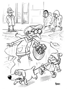 Feja ar karabīni grāmatas vāka skice, gatis šļūka, karikatūra