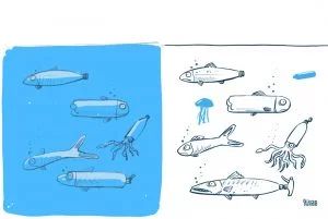 Plastic fish, cartoon sketch