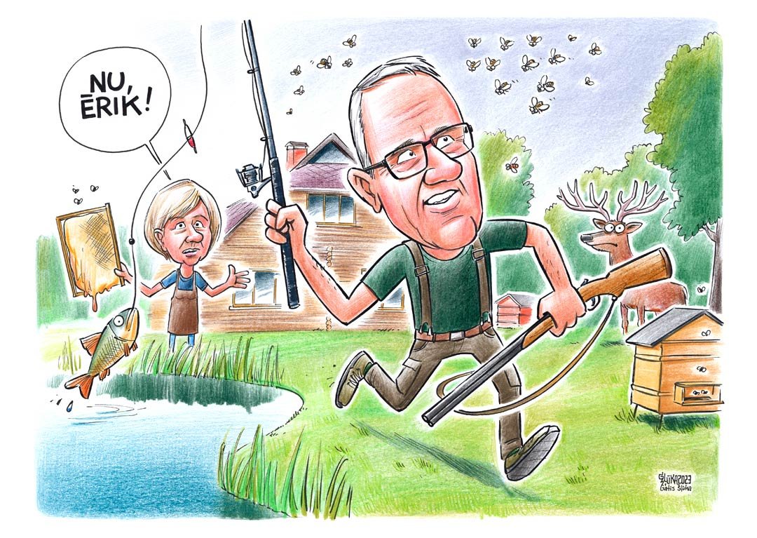 Karikatūra apaļā jubilejā cilvēkam, kuram patīk medības un makšķerēšana