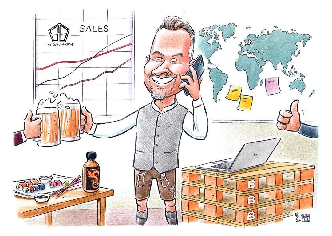 Karikatūra uzņēmuma sadarbības partnerim ar viņam raksturīgiem elementiem
