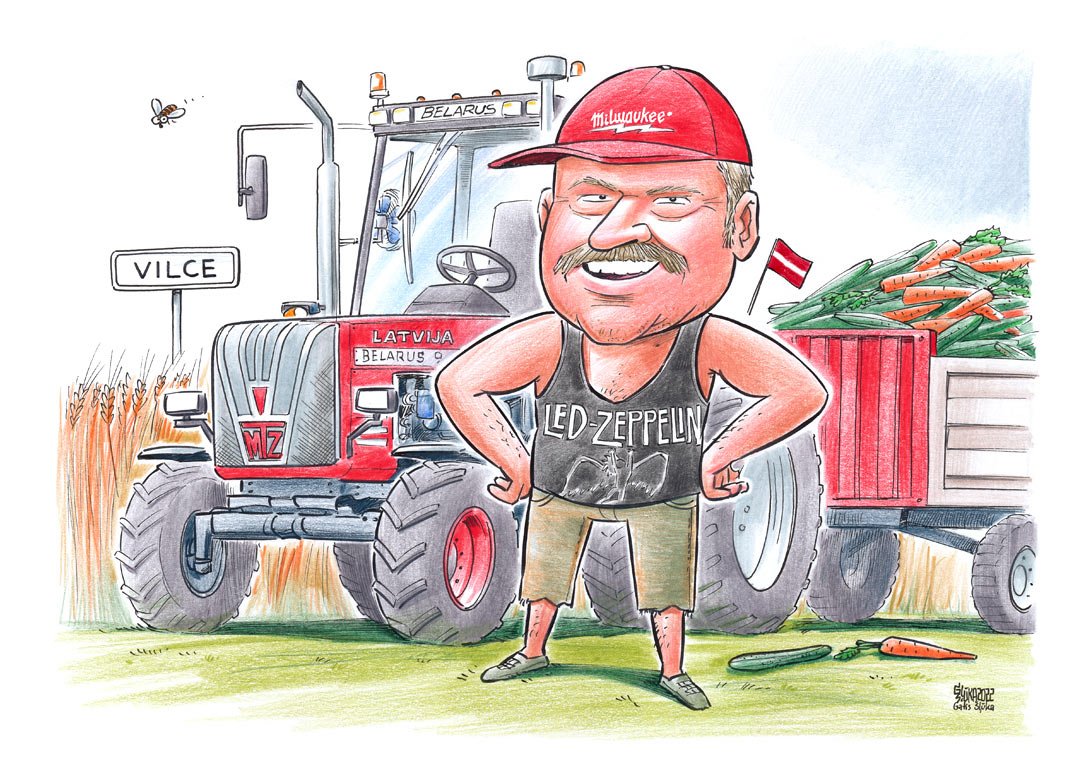 Karikatūra ar vīru un viņa traktoru, kurš pilns ar burkānu ražu