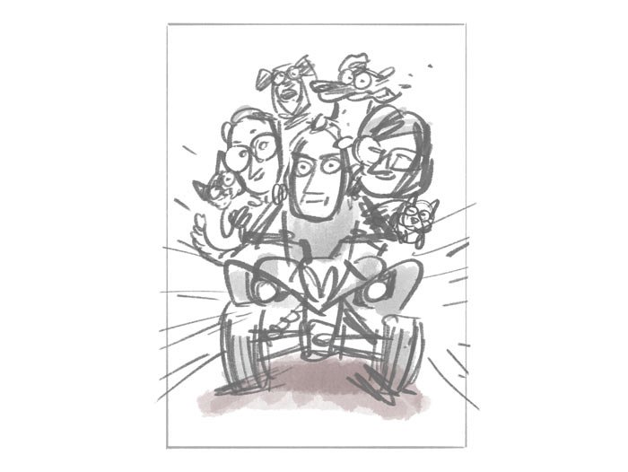 Karikatūras idejas uzmetums, skice, ģimene kopā ar mājdzīvniekiem brauc uz viena kvadricikla
