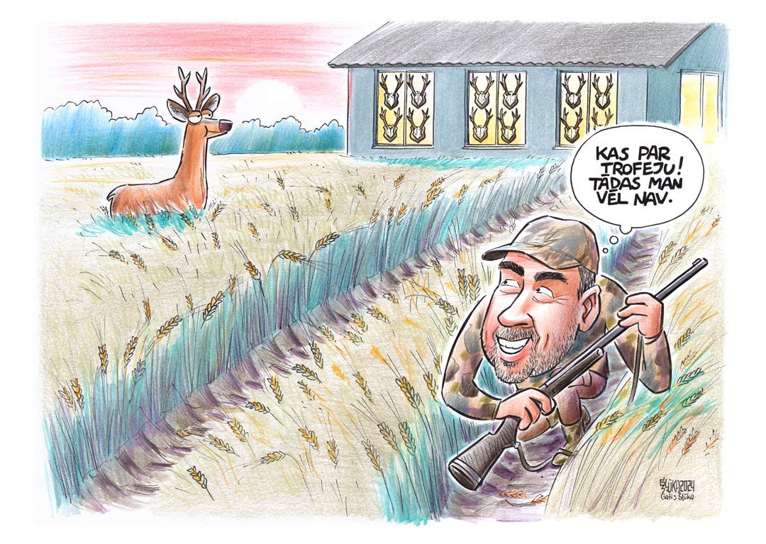 Personalizēta karikatūra ar mednieku, kurš lūkojas pēc jaunas trofejas