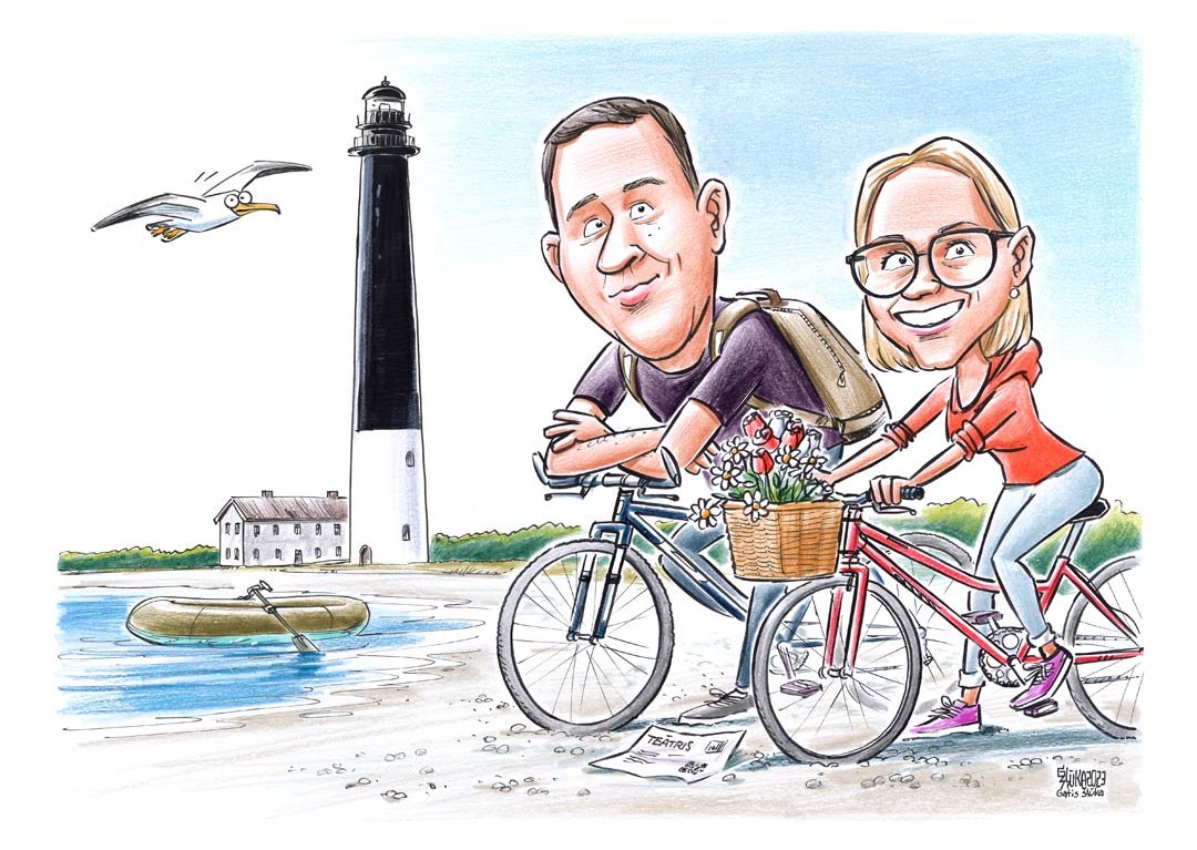 Personalizēta karikatūra ar divām personām, kuras ceļo ar riteņiem