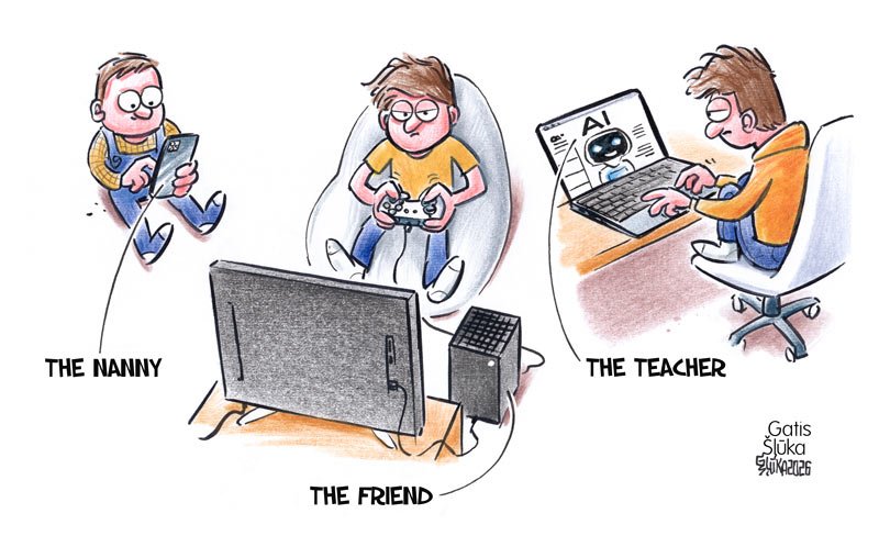 Cartoon where kid using different technology and Artificial intelligence AI