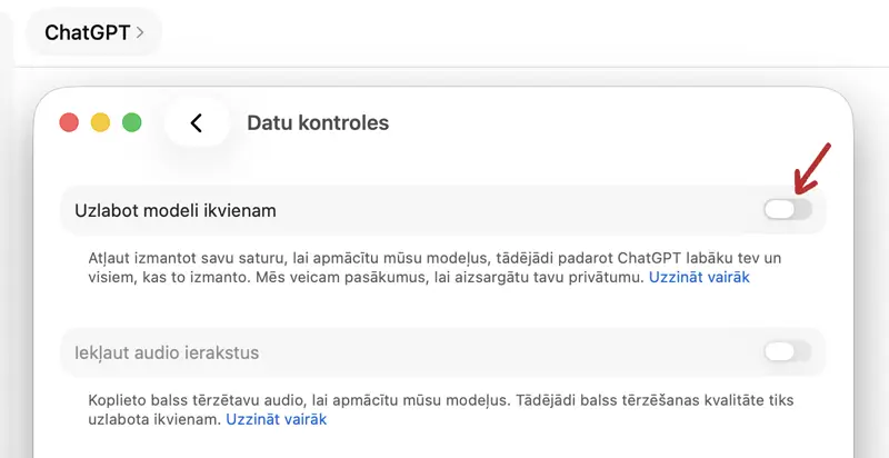 ChatGPT datu kontroles ChatGPT datu kontrole ar izvēles iespējām