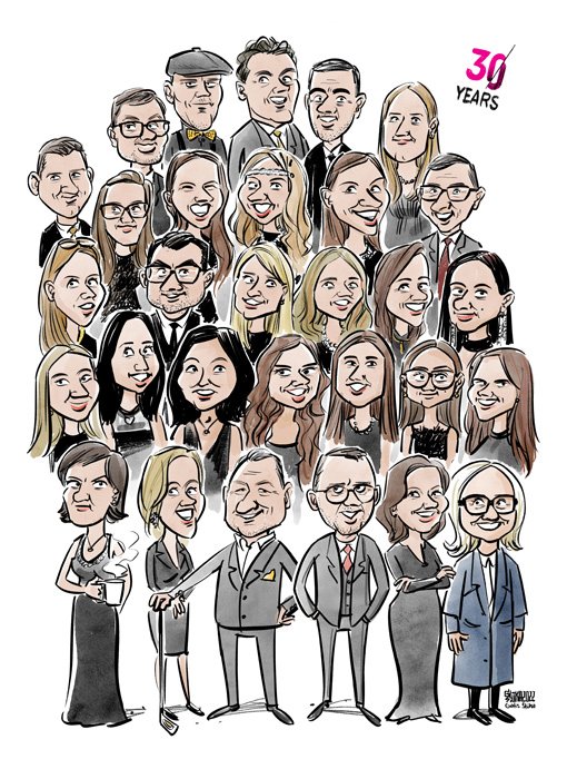 Uzņēmuma dzimšanas dienas karikatūra, kura zīmēta digitāli korporatīvā pasākumā